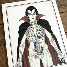Highly detailed labeled medical anatomy poster of a vampire, e ink, e paper, ukiyo-e