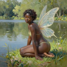 a black nymph near to a lake on a sunny day, realistic painting