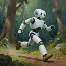 a beautfiul painting of a robot running througj a forest,8k n 9