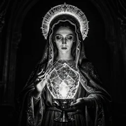 Our Lady of Splintered Glass. Religious, Dark Fantasy, Film Noir, Black and White. High Contrast, Mike Mignola, D&D, OSR