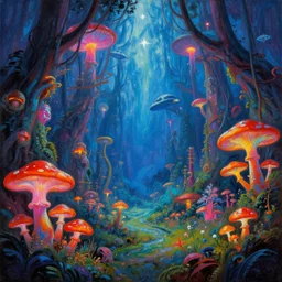 felucia landscape, neon fungi jungle, colorful, starships, painting by ralph mcquarrie