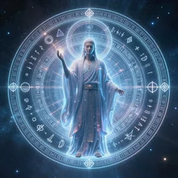 A divine sage in a circle of esoteric sigils and glyphs trapping him out of time lost in his own mind 8k resolution hyperdetailed holographic astral plane