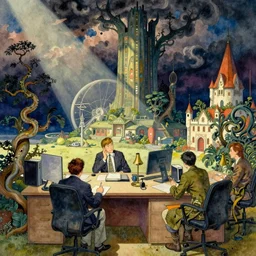 office, fantasy. intricate, amazing composition, colorful watercolor, by ruan jia, by maxfield parrish, by marc simonetti, by hikari shimoda, by robert hubert, by zhang kechun, illustration, gloomy