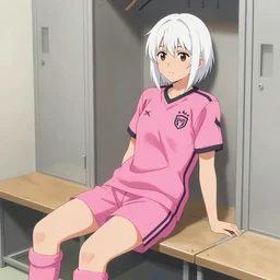 teenage hispanic girl, white hair, short hair, wearing a pink soccer uniform, relaxing in the locker room, anime, manga, illustrated by koshi rikudo
