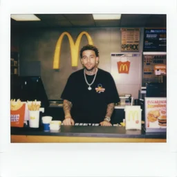 dj khaled working the front counter of mcdonald's ready to take your order, eighties polaroid, flash photography, photorealistic, kodachrome