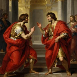 beautiful oil matte portrait painting, men dressed in red capes and golden ornaments arguing inside a roman temple, wonderful masterpiece highly detailed, beautiful cinematic light deep focus, elegant, digital painting, smooth, sharp focus, golden ratio, dramatic illumination, ultra realistic, 8 k, art by artemisia lomi gentileschi and caravaggio