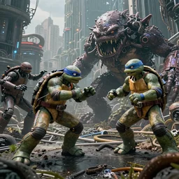 a very realistic movie still of cyborg steampunk teenage mutant ninja turtles fighting off a sewer monster in of the city of atlantis, highly detailed render by beeple, syd meade, starwars, space art concept, sci - fi, digital art, unreal engine, wlop, trending on artstation, 4 k uhd image, octane render