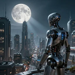 point perspective, scifi city in the future, full moon, cyborg in the foreground