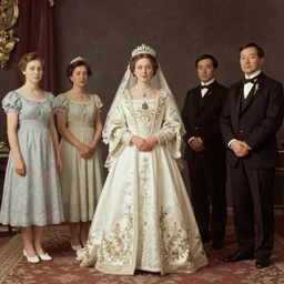 a wide full shot, colored russian and japanese mix historical fantasy of a photograph portrait taken of the empress wearing her royal wedding attire, photographic portrait, warm lighting, 1 9 0 7 photo from the official wedding photographer for the royal wedding.