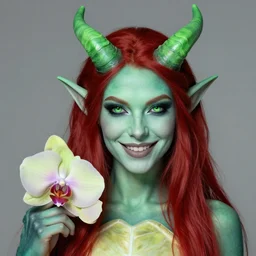 portrait of an orchid colour skinned tiefling girl with sea turtle green straight horns, crimson hair and shifty lime green eyes and playful smile