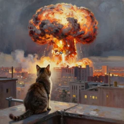 a cat watching at the top of a building as a large nuclear explosion happens, oil painting