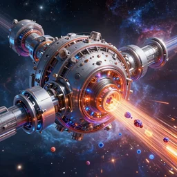 mega structure fusion reactor, particle accelerator, starwar universe!!!!, particle flying high speed, warp speed, galaxy background, vivid colors, intricate details, high tech sci - fi, futuristic, 8 k texture, technology, render in octane, artstation, art by artgerm, greg rutkowski, and magali villeneuve