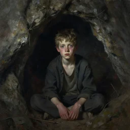 portrait painting of a lost boy in a cave by cedric peyravernay and sergey kolesov concept design, atmospheric and sad cinematic lighting, trending on artstation