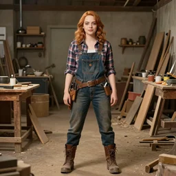 ester exposito dream A full body shot of Emma Stone dressed as a carpenter,, high quality, fully detailed, 4k, inspired by the song work by rihanna , her beautiful eyes are fully detailed and in focus