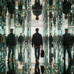 man step in the middle of mirrors maze, mirrors are at an angle refracting each other recursively, highly detailed, octane render 8 k