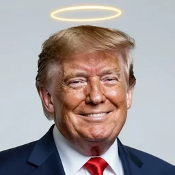 donald trump smirking with a golden halo over his head