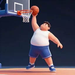 a wildly fat man dunking a basketball
