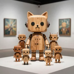 ultra realistic 8k octan photo, collection wooden art toys on stand, very cute robot zen with cat ear punk , in a contemporary art gallery