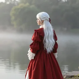 beautiful lady with white long hair and dressed with a red victorian cloak, seen from behind, standing in a lake, mist, morning light, photorealistic