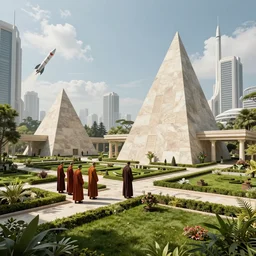 A geometric verdant classical garden based on the architecture of carlo scarpa in a future megacity, large travertine pyramids, monks in the foreground, sci-fi, light blue sky with clouds, style of syd mead, rockets in the sky, 4k museum photograph, octane render, photorealistic, hyperrealism