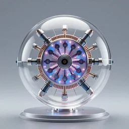 8k ultra fine line photorealistic 256 bit energized 12 channel toroidal mechanism surrounding a 12 channel 64 bit energized ion trapping microwave nucleation chamber inside a rotating clear glass sphere
