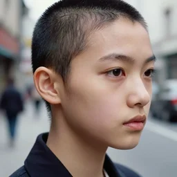 ektachrome, 3 5 mm, highly detailed : incredibly realistic, demure, perfect features, buzz cut, beautiful three point perspective extreme closeup 3 / 4 portrait photo in style of chiaroscuro style 1 9 8 0's frontiers in flight suit cosplay rome seinen manga street photography vogue italia fashion edition