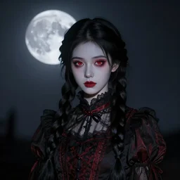 a beautiful portrait photo of a daughter of the night with red eyes and long, black, braided hair. vampiric, full moon, highly detailed, sharpness. victorian dress. canon eos ef 5 0 mm.