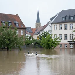 pandas in a flooded German city, telephoto, documentary, dslr