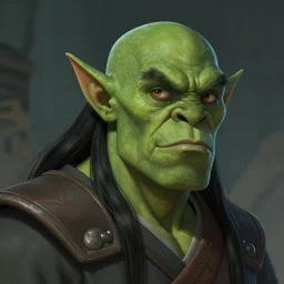 head and shoulder portrait of male green orc monk, black hair, d & d, pathfinder, fantasy art, trending on artstation