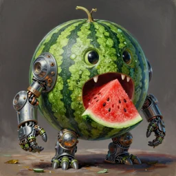 semi realistic gouache painting, by bana benedick, by ruan jia, by eng kilian, by denning guy online artists, detailed anime 3 d render of a monstruous watermelon alien, a magical monster watermelon, cgsociety, artstation, rococo mechanical, digital reality, sf 5 ink style,
