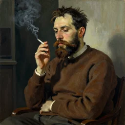 Edward hopper painting of a writer with a beard sitting, he is smoking a cigarette, he is wearing a brown sweater, dramatic lighting, highly detailed, realistic