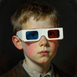 a close - up baroque portrait of a boy with retrofuturistic 3 d glasses. whimsical sci - fi features. gloomy atmosphere, dark black background. highly detailed fantasy science fiction painting by moebius, norman rockwell, frank frazetta, and syd mead. rich colors, high contrast. artstation