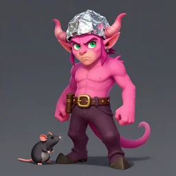 a hot pink tiefling with a tinfoil hat, a pet rat, exasperated, young man green eyes, horns, character art, full body art, dungeons and dragons, d & d, trending on artstation, artgerm, 4 k ultra hd, sharp focus, digital art by ilya kuvshinov and ross tran
