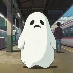 a scary looking but very friendly transparent ghost following behind someone at a train station in the style of a ghibli movie