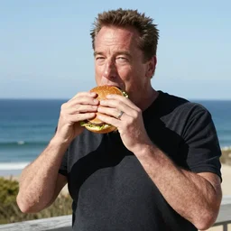 arnold schwarzenegger eating a burger, standing with the sea behind him