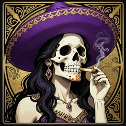 a calavera wearing a purple sombrero smoking a joint, art nouveau, beautiful