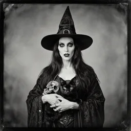 daguerreotype ambrotype of the witch with terror aspect, memento mori, very detailed, morticia, black cat