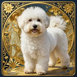 a completely white coton de tulear dog. masterful, detailed. vivid bright colors, gold filigree, artstation, by jeremy mann, by alphonse mucha