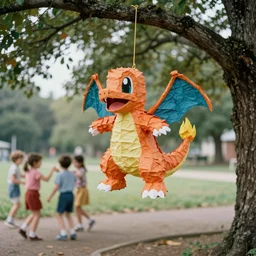 a paper mache pinata of charmander that's on fire hanging from a tree, kids dancing, vintage photography, 5 0 mm, film grain