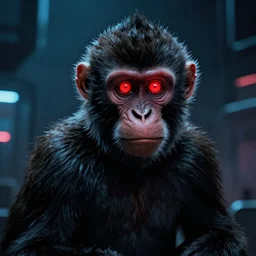 A monkey as The Terminator (1984), glowing red eyes, in cyberpunk style