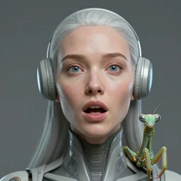 first contact facial portrait, female humanoid sci - fi mantis, retro - futuristic, even more stunned, high details, by vincent di fate, artgerm julie bell beeple, 9 0 s, 3 d, matte, smooth gradients, volumetric lightning, light from below, high contrast, duo tone, depth of field