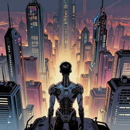 comic book illustration, solitary android looking out over a vast city, bleak, vibrant color, cyberpunk concept art by Moebius, highly detailed, intricate, sci-fi, sharp focus, Trending on Artstation HQ, deviantart