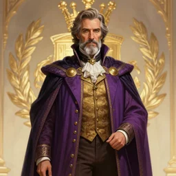 centered detailed long shot character concept of a distinguished gentleman with a salt and pepper goatee, realistic character concept, elegant proportions, vibrant colours, elegant pose, fantasy, illustration, a hint of gabe newell face and body, artstation, cinematic lighting, hyperdetailed, cgsociety, 8k Resolution, high resolution, Charlie Bowater, Tom Bagshaw, Tom Richmond, insanely detailed and intricate, beautiful, elegant, golden ratio, royal insignia in background