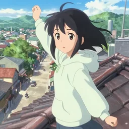 anime film visual of a young black haired girl wearing hoodie sightseeing the street standing on tower rooftop, cute face by ilya kuvshinov, makoto shinkai, kyoto animation, dynamic perspective and pose, detailed eyes, less nose, crisp and sharp cel shade