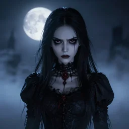 full shot portrait of angry darkness anime girl at moonlight, gothic wearing, worrying eyes, inspired by Tim Burton, detailed, unreal engine 4k volumetric light, dense fog,