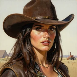 ultra realistic head and shoulders portrait painting of ana de armas as a western outlaw, art by frank frazetta, 4 k, ultra realistic, highly detailed, epic lighting