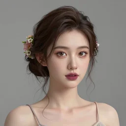 complex 3 d render, ultra detailed, realistic portrait of a beautiful porcelain skin woman, face, wispy, wavy hair worn tied back in a messy bun, wide hazel open eyes, flowers in hair, brown eyeshadow, mauve lips, natural makeup, 8 5 mm lens, beautiful, studio portrait, spaghetti strap dress,