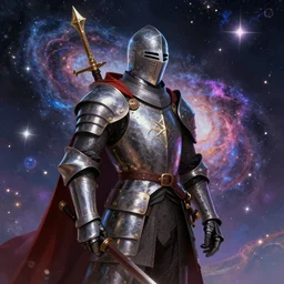 medieval knight, high fantasy, galaxy, stars, colourful, magical, mythical, digital art, trending on art station