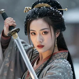 a beautiful ultradetailed fantasy character portrait of margot robbie as a geisha wielding a sword by zach sutton and charlie bowater, catchlight in the eyes, trending in behance, close up 50mm portrait photo, bokeh, 4K, during snowfall