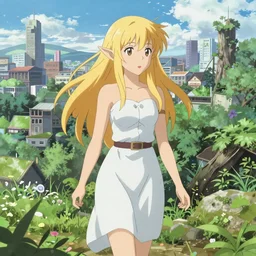 Portrait of a golden-haired elf woman walking through a city reclaimed by nature, beautiful face, highly detailed, photoshop, digital illustration, official anime key visual, by Makoto Shinkai and Hayao Miyazaki, by Krenz Cushart